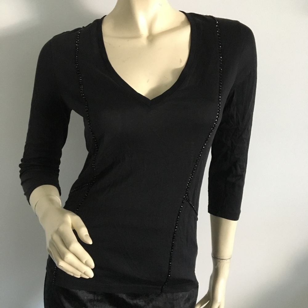 Nwot Genny Black silk 3/4 sleeve top with beading